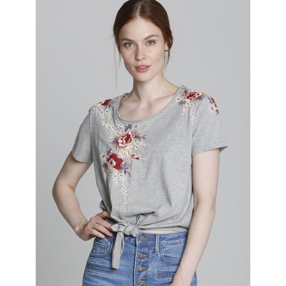 DRIFTWOOD Tops - Driftwood Tie Front Tee Women Size M Grey Excellent Floral Embroidered Boho Top